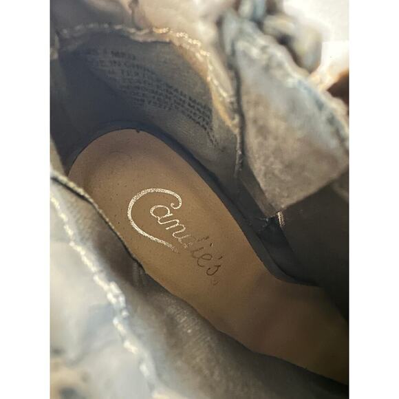 Candies Size 7 Taupe Grey Suede Floral Embroidered Pink Peep Toe Ankle Bootie - Picture 7 of 10